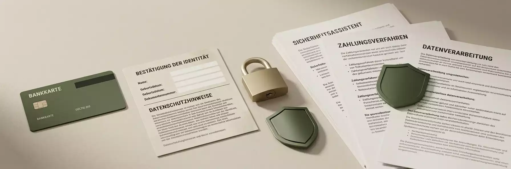 Geordnete Darstellung von Zahlungskonto, Identitätsdokument und Datenschutzschild