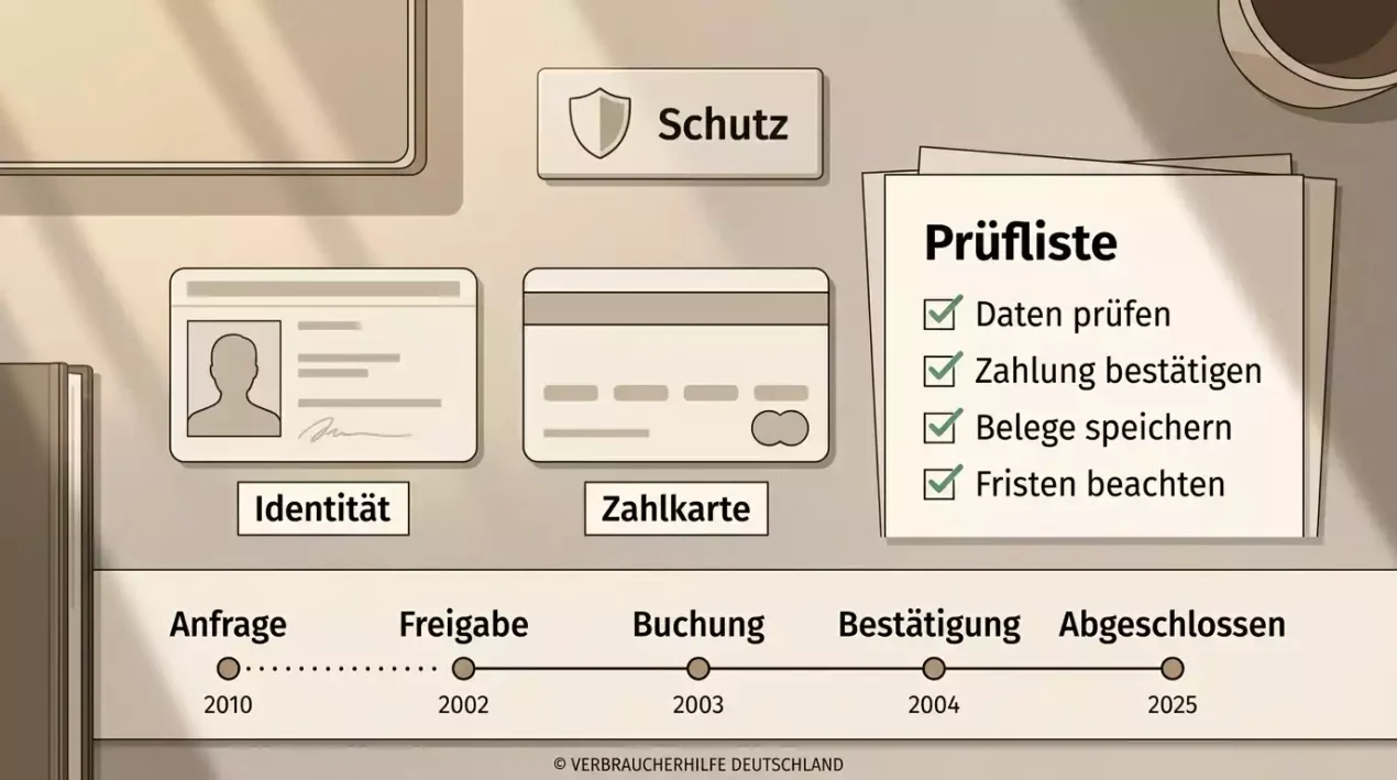 Neutrale Checkliste zu Identität, Zahlung und Schutz vor einer Online-Entscheidung